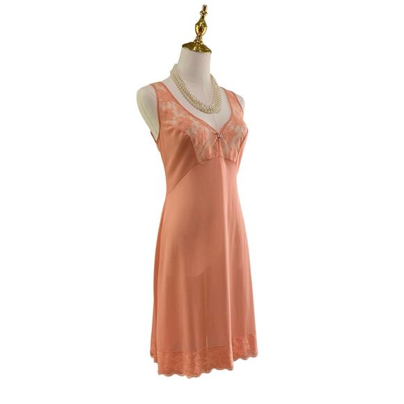 Vintage 60s Huber Romantic Pinup Peach Soft Nylon Lacy Full Slip Dress Size S/M - Picture 7 of 14
